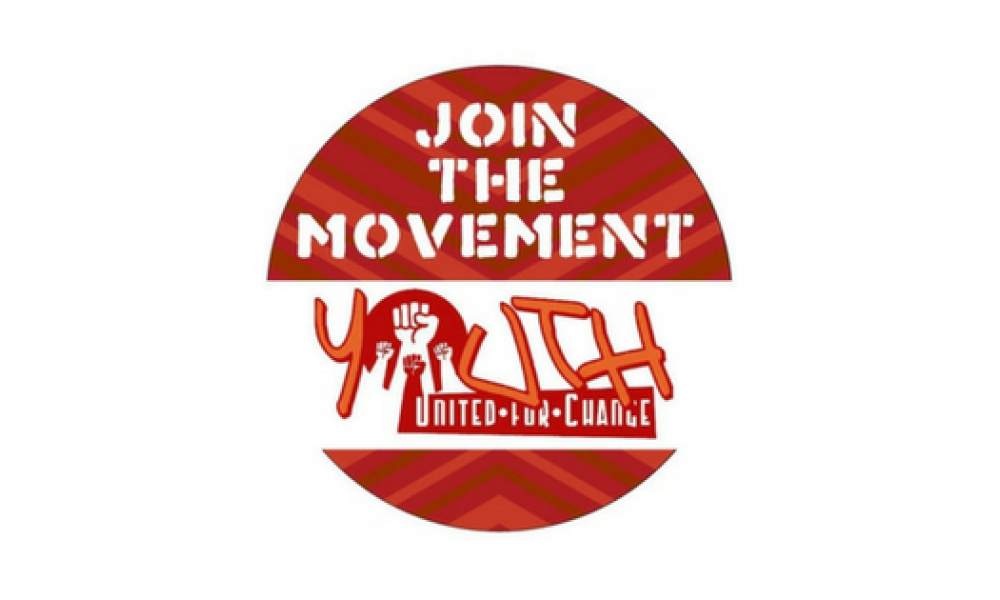 Youth United for Change logo with Join the Movement in white font and Youth in red font in front of a white background