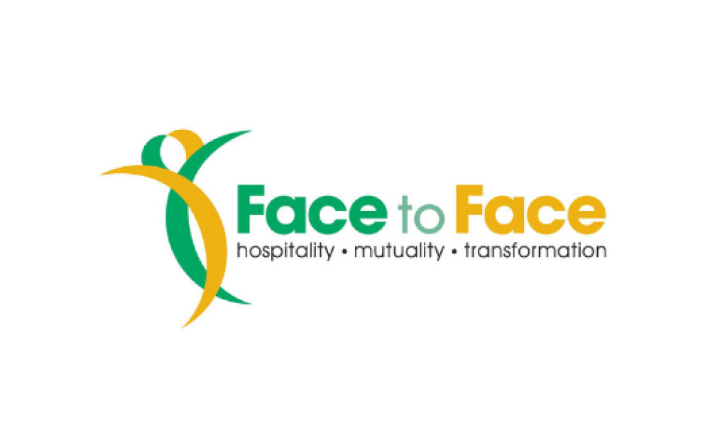 Face to Face logo with green and yellow font to the right of an intertwined green and yellow emblem