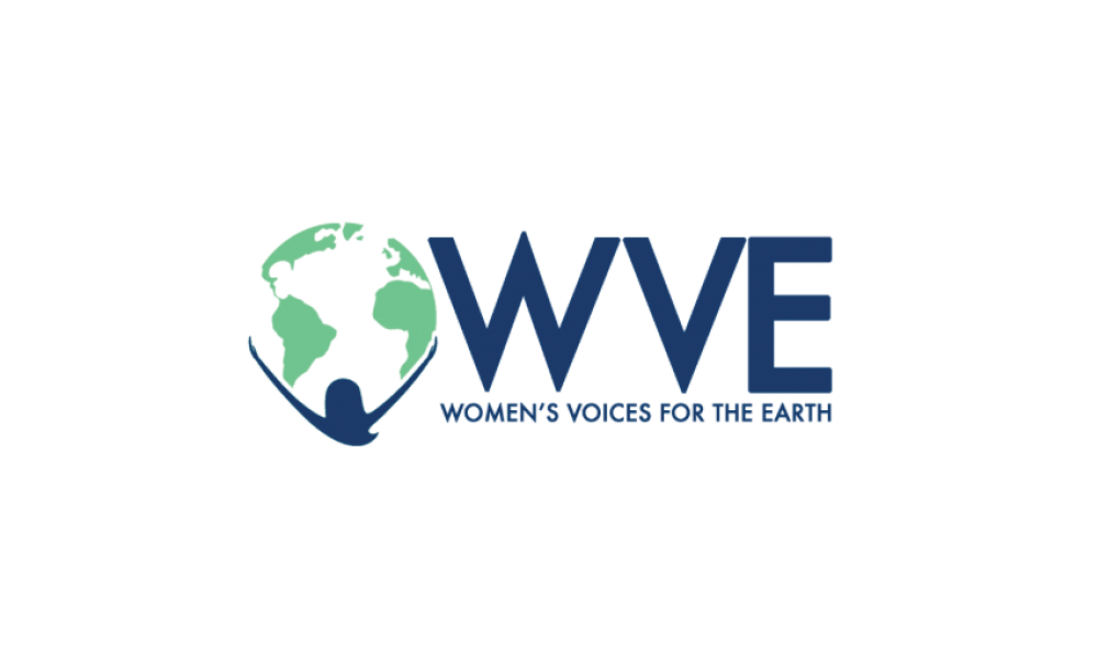 Women's Voices for the Earth in blue font with a globe emblem above