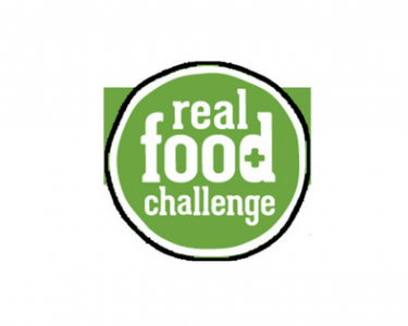 Real food challenge logo with white font in front of a green background