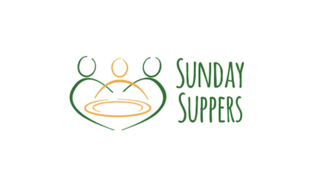 Sunday Suppers logo with green font next two a green and yellow emblem and three figures sitting around a table