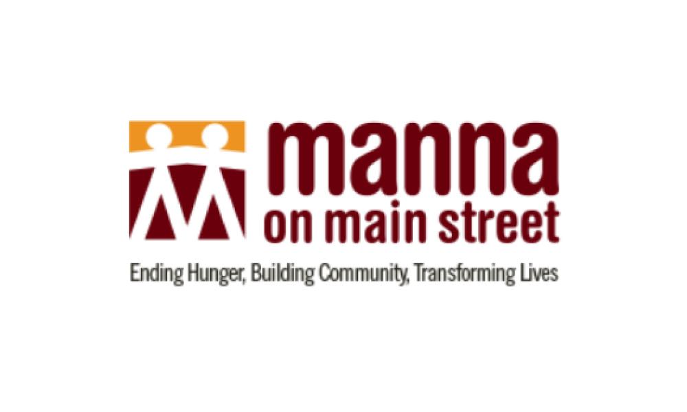 Manna on Main Street Logo in dark brown font to the right of dark brown and yellow emblem