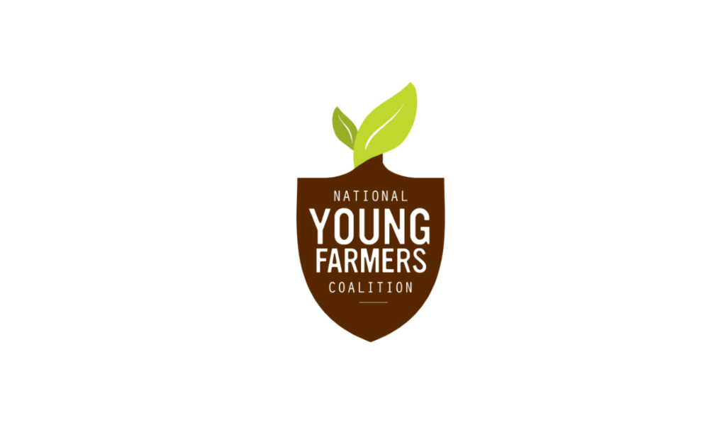 National Young Farmers Coalition logo with white font in front of brown and green shield with a leaf on top