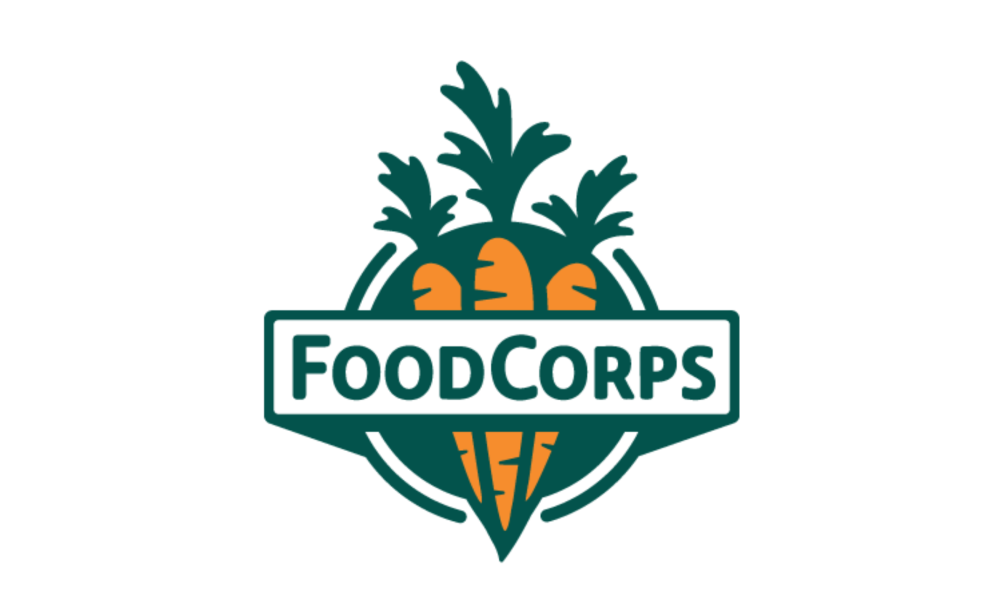 Green, white, and orange logo with  FoodCorps written in green in front of carrots