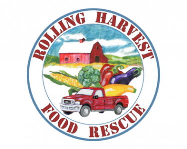 Rolling Harvest Food Rescue logo with rolling harvest food rescue in red circle and a red truck inside
